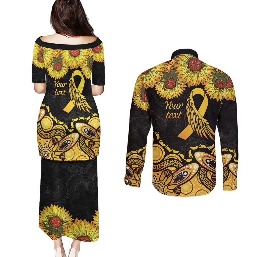 Be Bold Go Gold Aboriginal Ribbon Childhood Personalised Couples Matching Puletasi and Long Sleeve Button Shirt