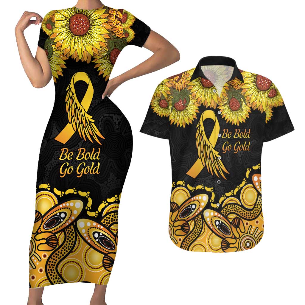 Be Bold Go Gold Aboriginal Ribbon Childhood Personalised Couples Matching Short Sleeve Bodycon Dress and Hawaiian Shirt