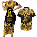 Be Bold Go Gold Aboriginal Ribbon Childhood Personalised Couples Matching Short Sleeve Bodycon Dress and Hawaiian Shirt