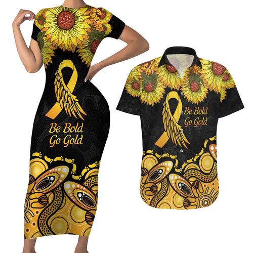 Be Bold Go Gold Aboriginal Ribbon Childhood Personalised Couples Matching Short Sleeve Bodycon Dress and Hawaiian Shirt
