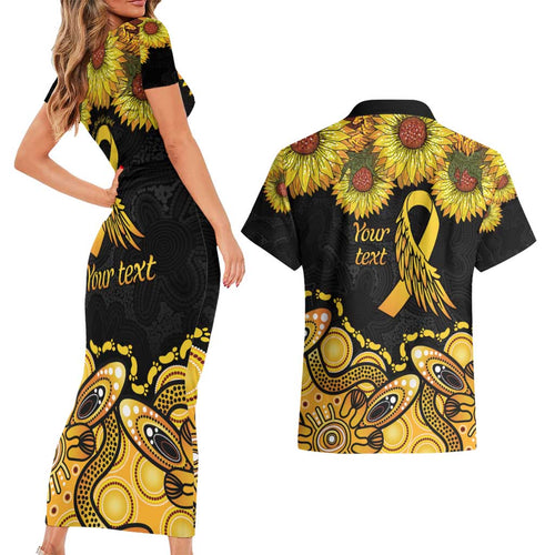 Be Bold Go Gold Aboriginal Ribbon Childhood Personalised Couples Matching Short Sleeve Bodycon Dress and Hawaiian Shirt