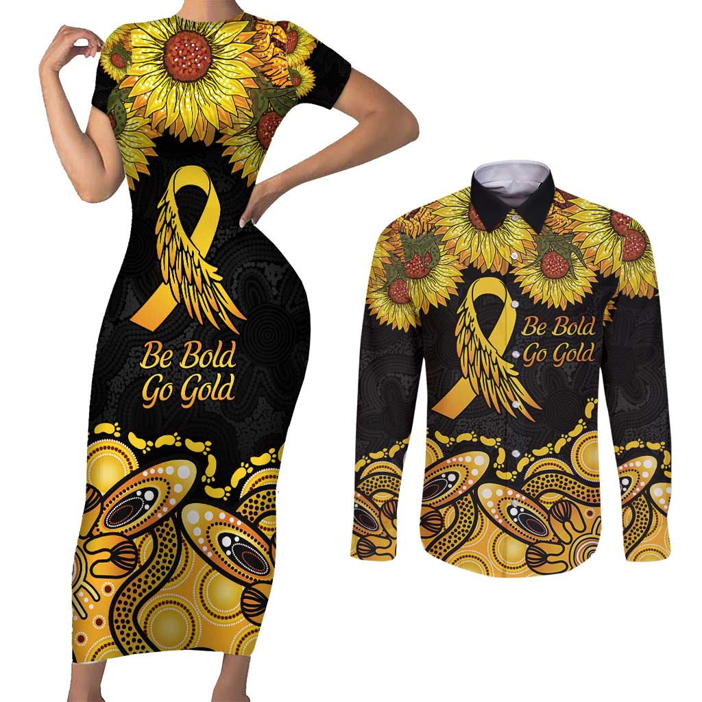 Be Bold Go Gold Aboriginal Ribbon Childhood Personalised Couples Matching Short Sleeve Bodycon Dress and Long Sleeve Button Shirt