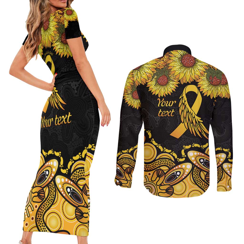 Be Bold Go Gold Aboriginal Ribbon Childhood Personalised Couples Matching Short Sleeve Bodycon Dress and Long Sleeve Button Shirt