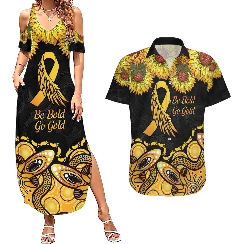 Be Bold Go Gold Aboriginal Ribbon Childhood Personalised Couples Matching Summer Maxi Dress and Hawaiian Shirt