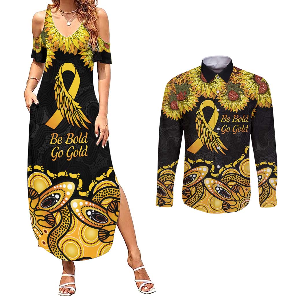 Be Bold Go Gold Aboriginal Ribbon Childhood Personalised Couples Matching Summer Maxi Dress and Long Sleeve Button Shirt