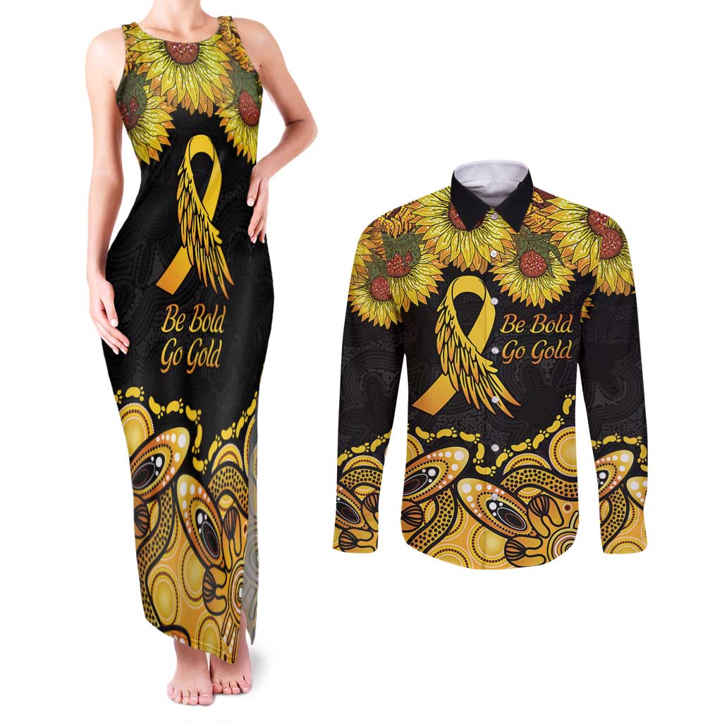 Be Bold Go Gold Aboriginal Ribbon Childhood Personalised Couples Matching Tank Maxi Dress and Long Sleeve Button Shirt