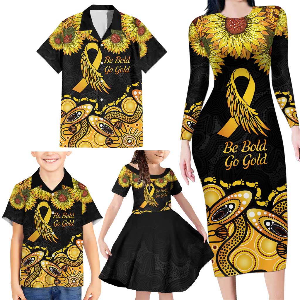 Be Bold Go Gold Aboriginal Ribbon Childhood Personalised Family Matching Long Sleeve Bodycon Dress and Hawaiian Shirt
