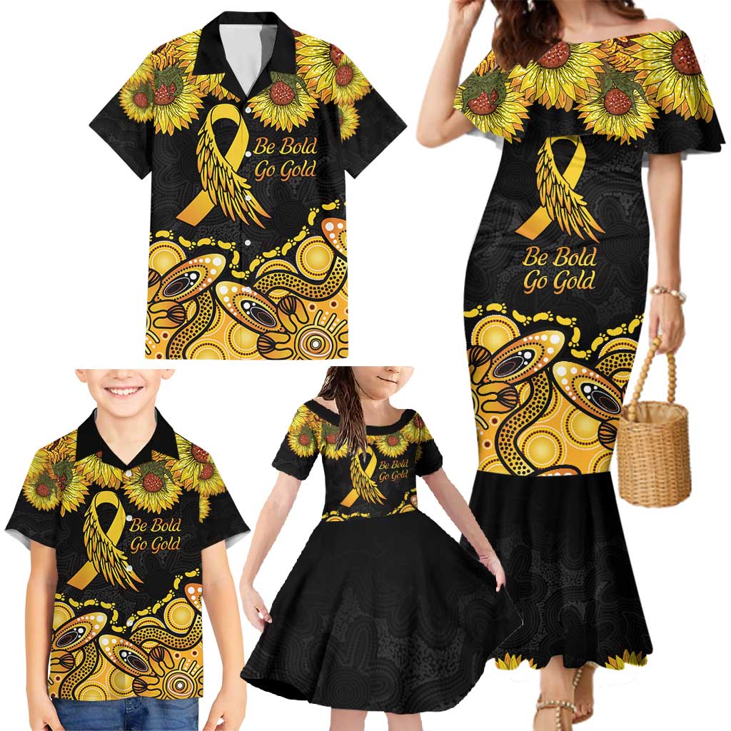 Be Bold Go Gold Aboriginal Ribbon Childhood Personalised Family Matching Mermaid Dress and Hawaiian Shirt