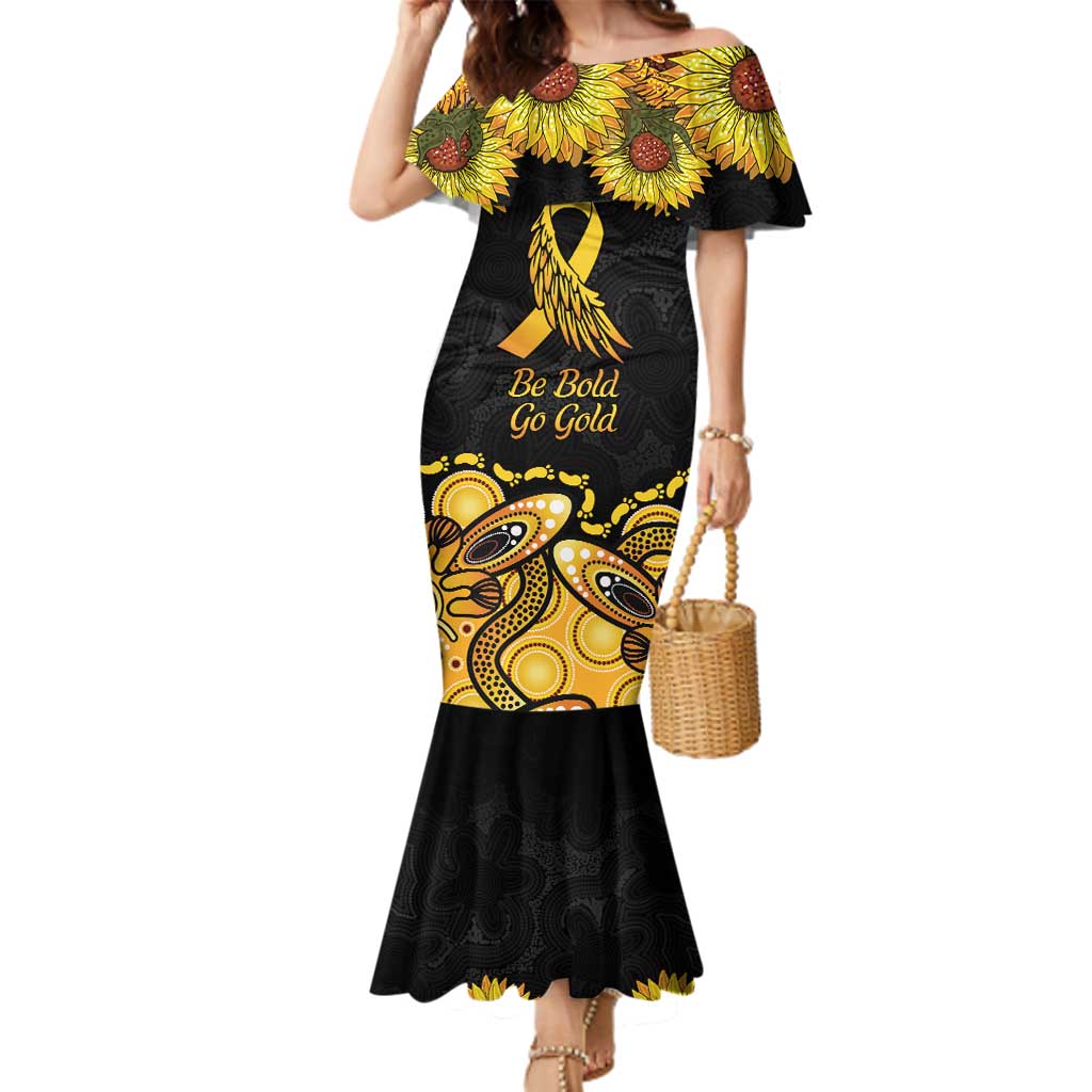 Be Bold Go Gold Aboriginal Ribbon Childhood Personalised Family Matching Mermaid Dress and Hawaiian Shirt