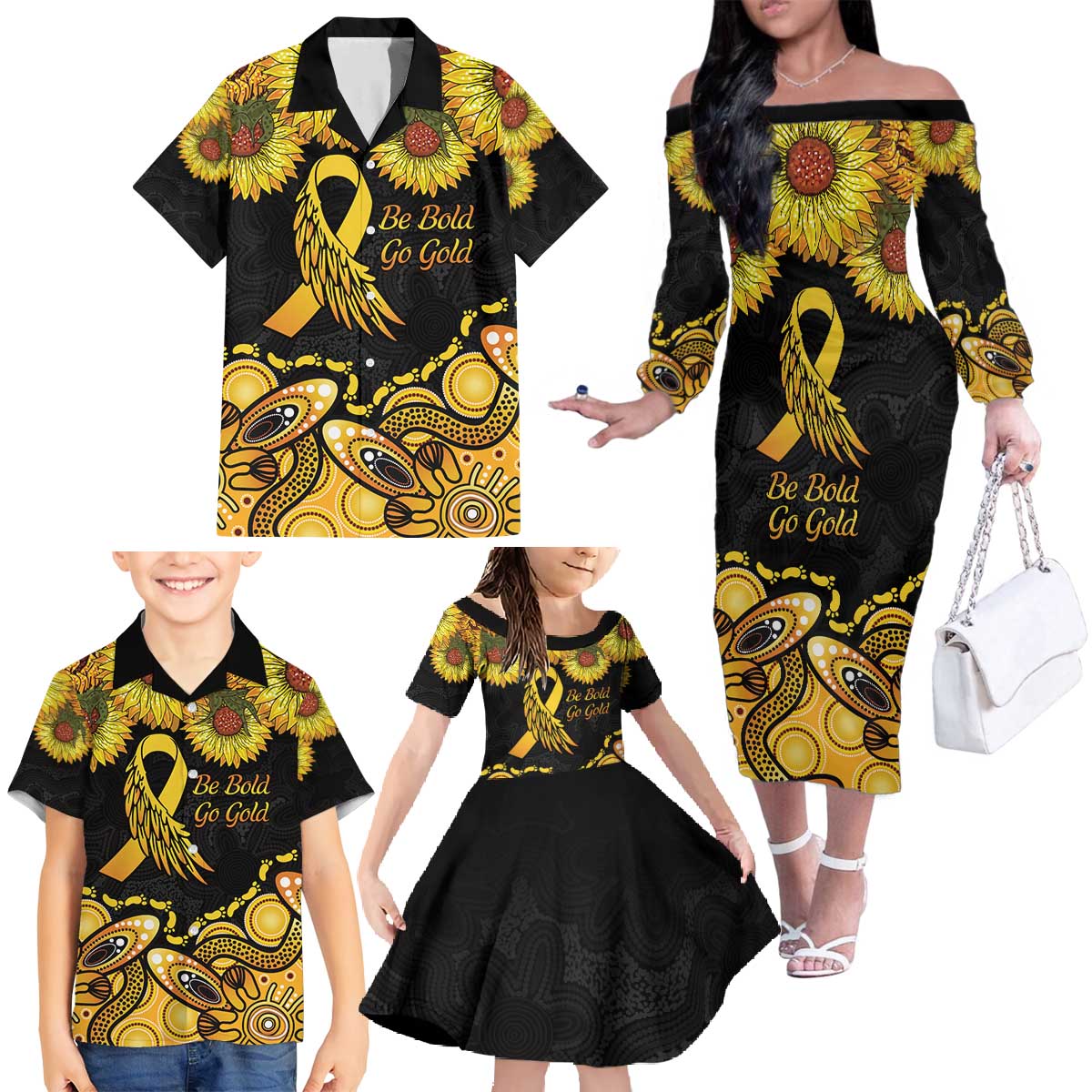 Be Bold Go Gold Aboriginal Ribbon Childhood Personalised Family Matching Off The Shoulder Long Sleeve Dress and Hawaiian Shirt