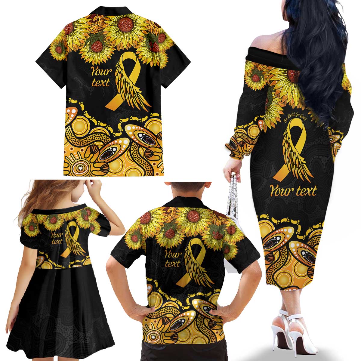Be Bold Go Gold Aboriginal Ribbon Childhood Personalised Family Matching Off The Shoulder Long Sleeve Dress and Hawaiian Shirt