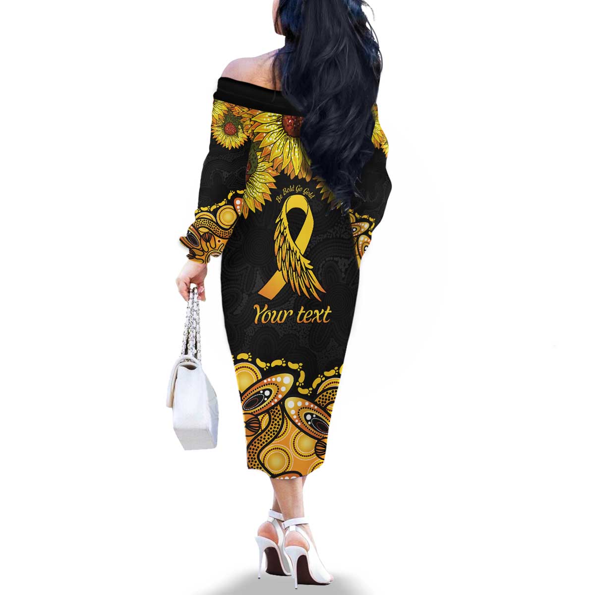 Be Bold Go Gold Aboriginal Ribbon Childhood Personalised Family Matching Off The Shoulder Long Sleeve Dress and Hawaiian Shirt
