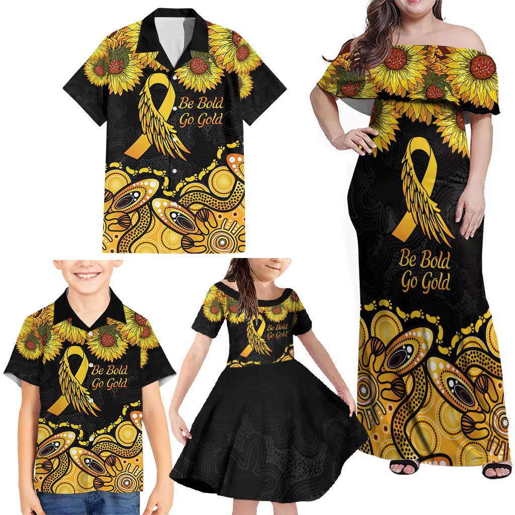 Be Bold Go Gold Aboriginal Ribbon Childhood Personalised Family Matching Off Shoulder Maxi Dress and Hawaiian Shirt