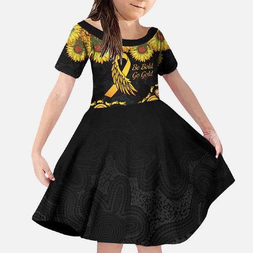 Be Bold Go Gold Aboriginal Ribbon Childhood Personalised Family Matching Off Shoulder Maxi Dress and Hawaiian Shirt