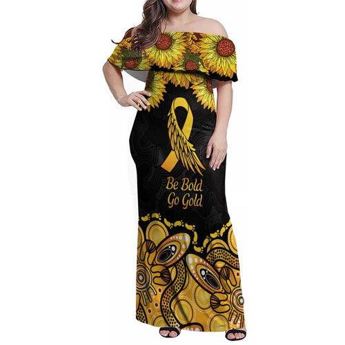 Be Bold Go Gold Aboriginal Ribbon Childhood Personalised Family Matching Off Shoulder Maxi Dress and Hawaiian Shirt