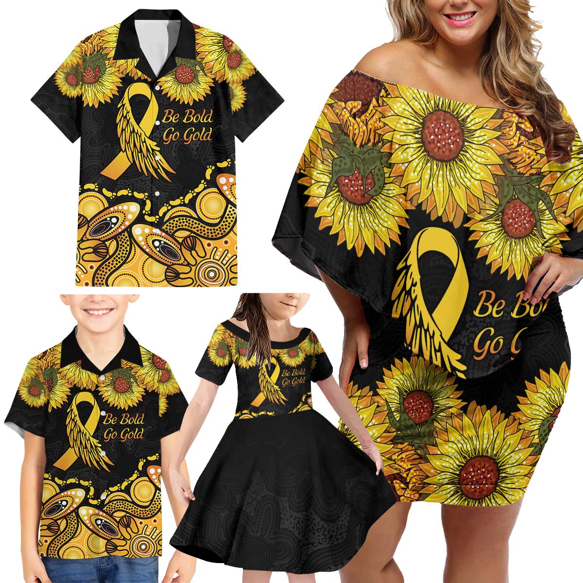 Be Bold Go Gold Aboriginal Ribbon Childhood Personalised Family Matching Off Shoulder Short Dress and Hawaiian Shirt