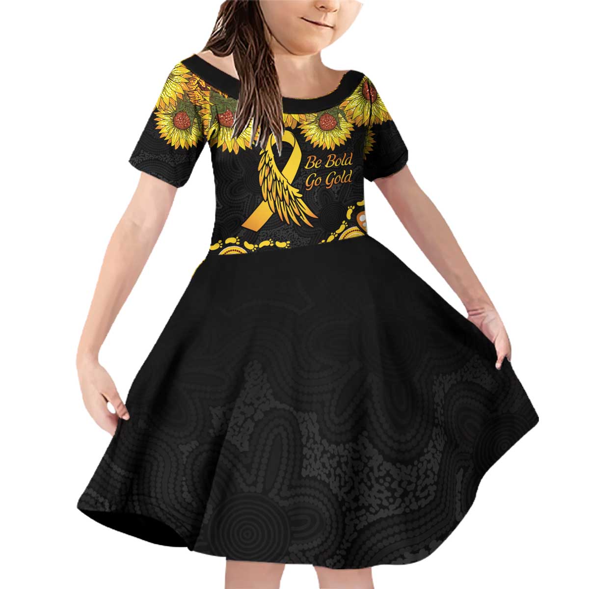 Be Bold Go Gold Aboriginal Ribbon Childhood Personalised Family Matching Off Shoulder Short Dress and Hawaiian Shirt
