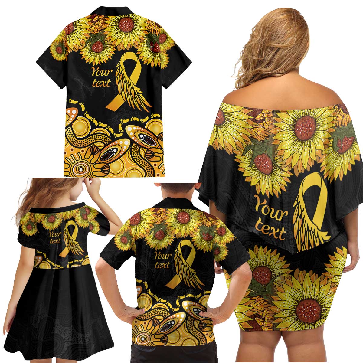Be Bold Go Gold Aboriginal Ribbon Childhood Personalised Family Matching Off Shoulder Short Dress and Hawaiian Shirt