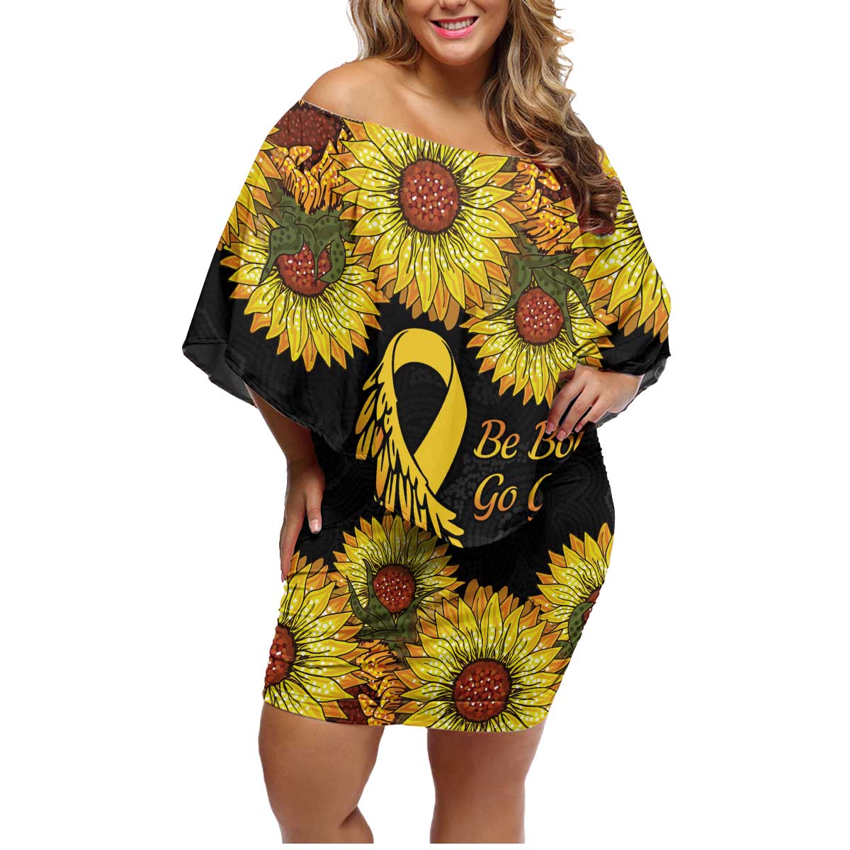 Be Bold Go Gold Aboriginal Ribbon Childhood Personalised Family Matching Off Shoulder Short Dress and Hawaiian Shirt