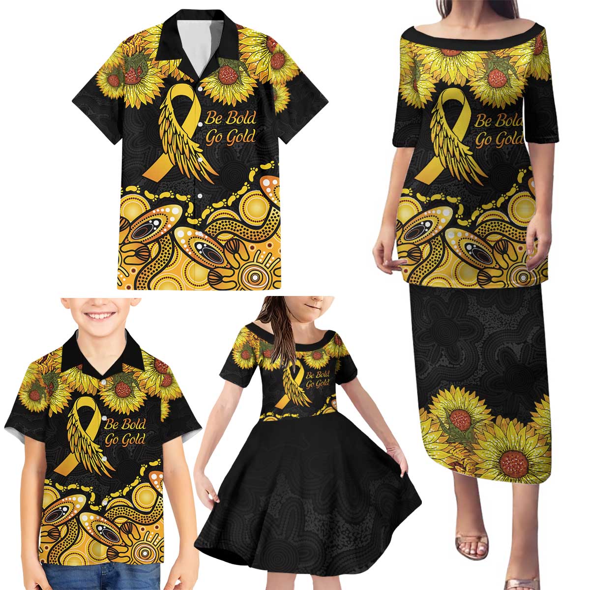 Be Bold Go Gold Aboriginal Ribbon Childhood Personalised Family Matching Puletasi and Hawaiian Shirt