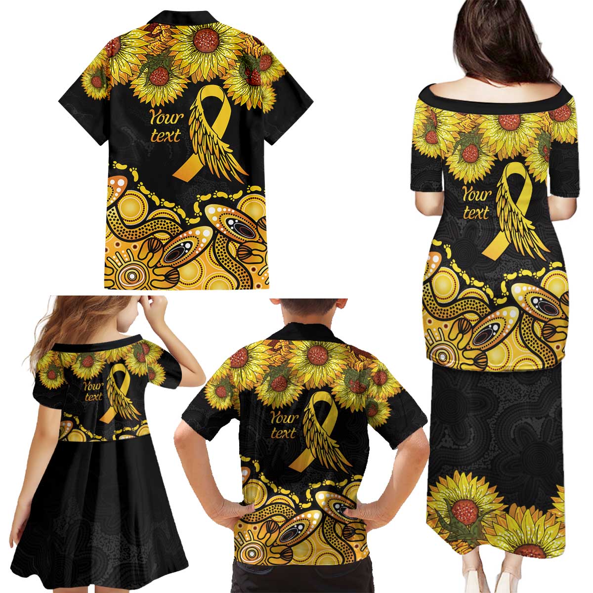 Be Bold Go Gold Aboriginal Ribbon Childhood Personalised Family Matching Puletasi and Hawaiian Shirt