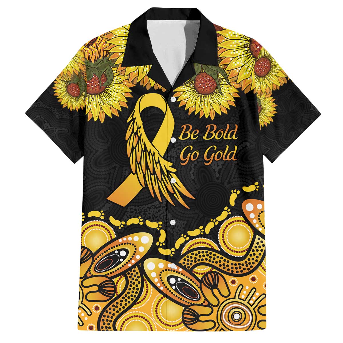 Be Bold Go Gold Aboriginal Ribbon Childhood Personalised Family Matching Puletasi and Hawaiian Shirt