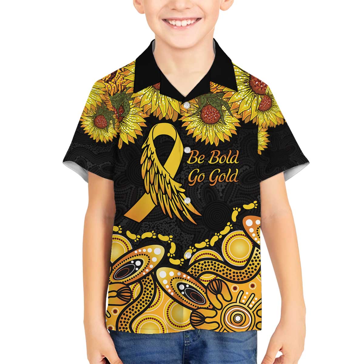 Be Bold Go Gold Aboriginal Ribbon Childhood Personalised Family Matching Puletasi and Hawaiian Shirt