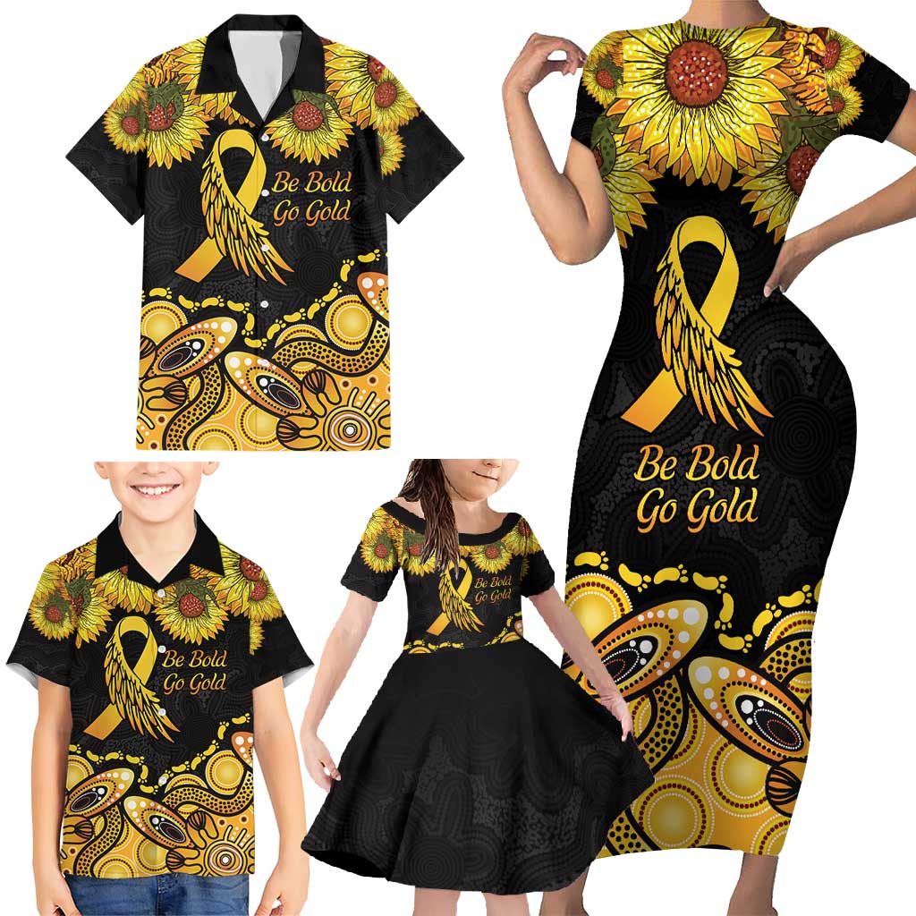 Be Bold Go Gold Aboriginal Ribbon Childhood Personalised Family Matching Short Sleeve Bodycon Dress and Hawaiian Shirt