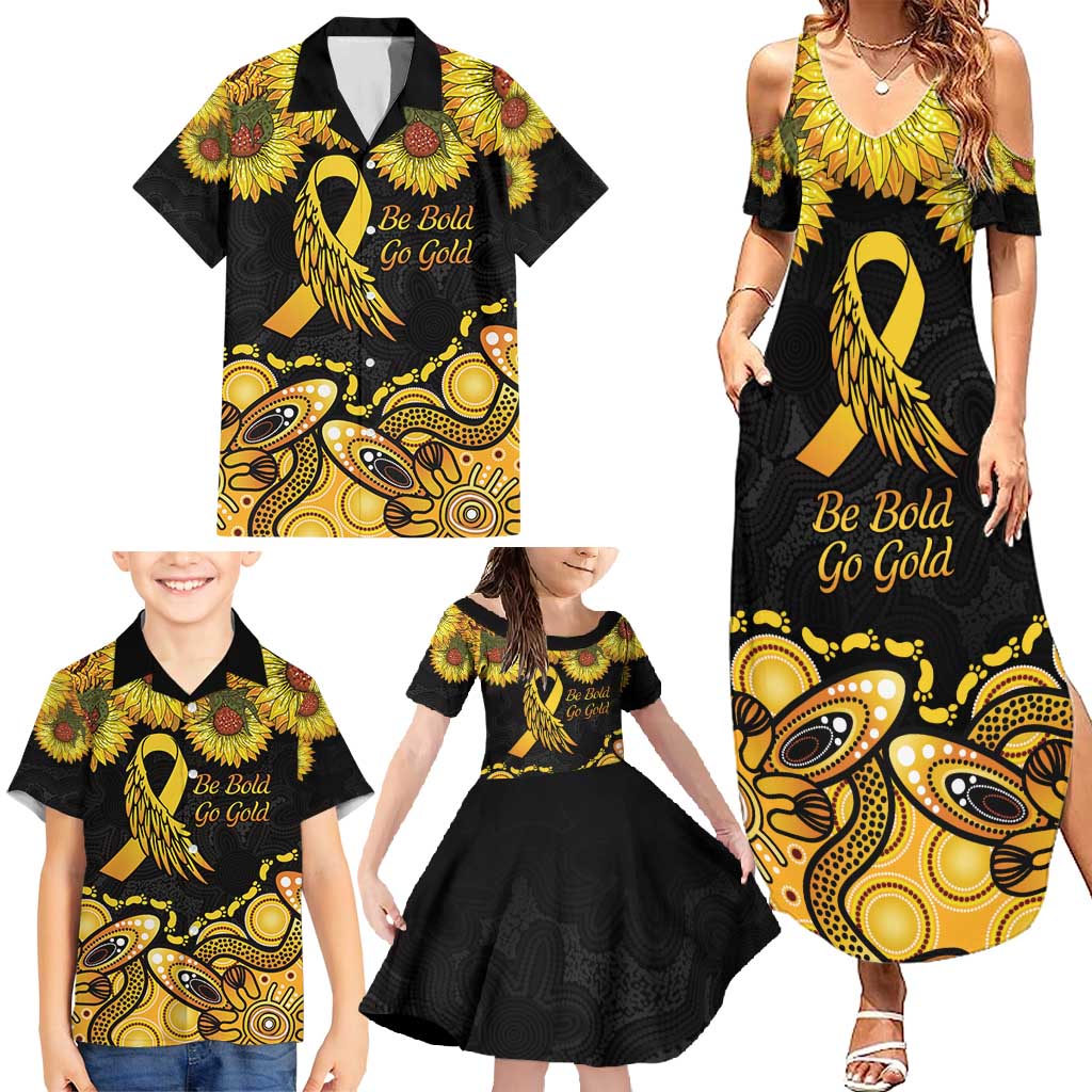 Be Bold Go Gold Aboriginal Ribbon Childhood Personalised Family Matching Summer Maxi Dress and Hawaiian Shirt