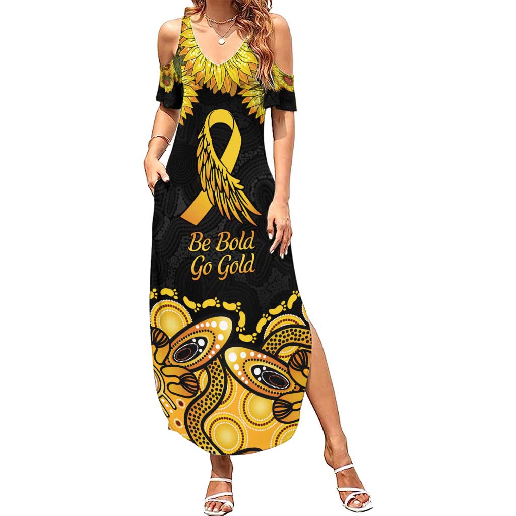 Be Bold Go Gold Aboriginal Ribbon Childhood Personalised Family Matching Summer Maxi Dress and Hawaiian Shirt
