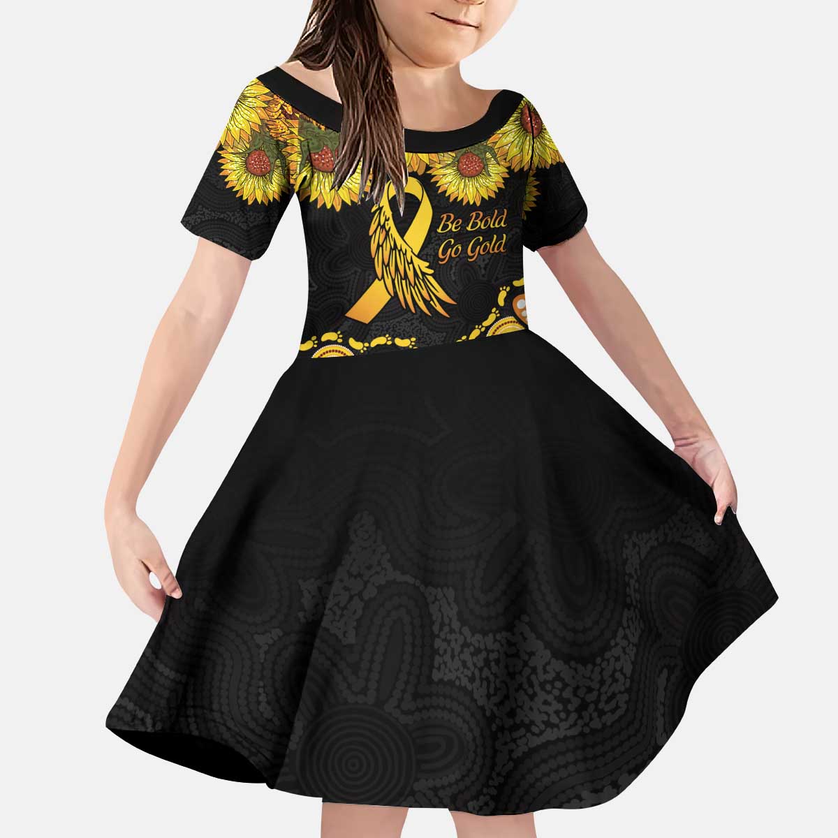 Be Bold Go Gold Aboriginal Ribbon Childhood Personalised Kid Short Sleeve Dress