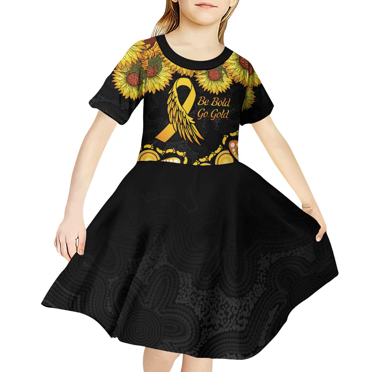 Be Bold Go Gold Aboriginal Ribbon Childhood Personalised Kid Short Sleeve Dress