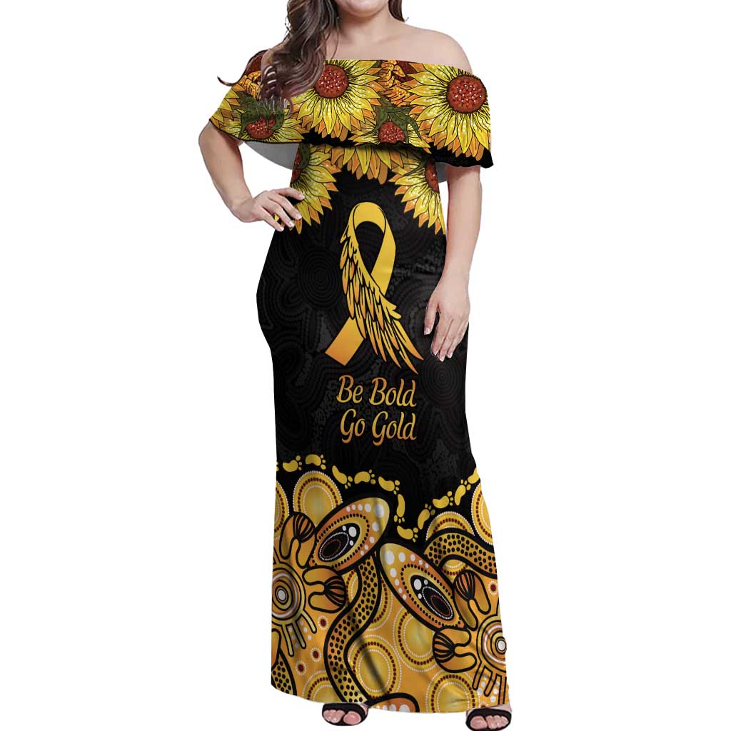 Be Bold Go Gold Aboriginal Ribbon Childhood Personalised Off Shoulder Maxi Dress