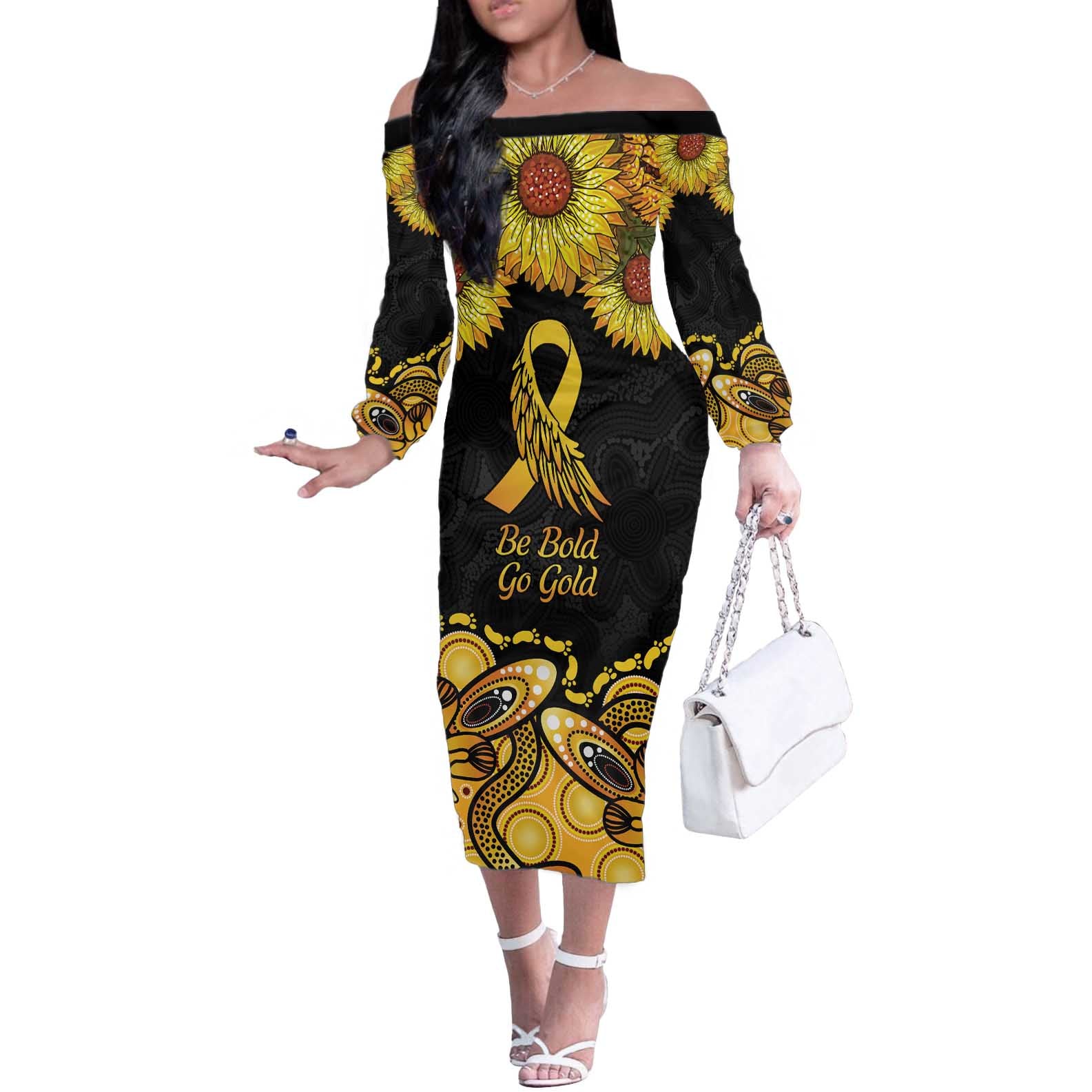 Be Bold Go Gold Aboriginal Ribbon Childhood Personalised Off The Shoulder Long Sleeve Dress