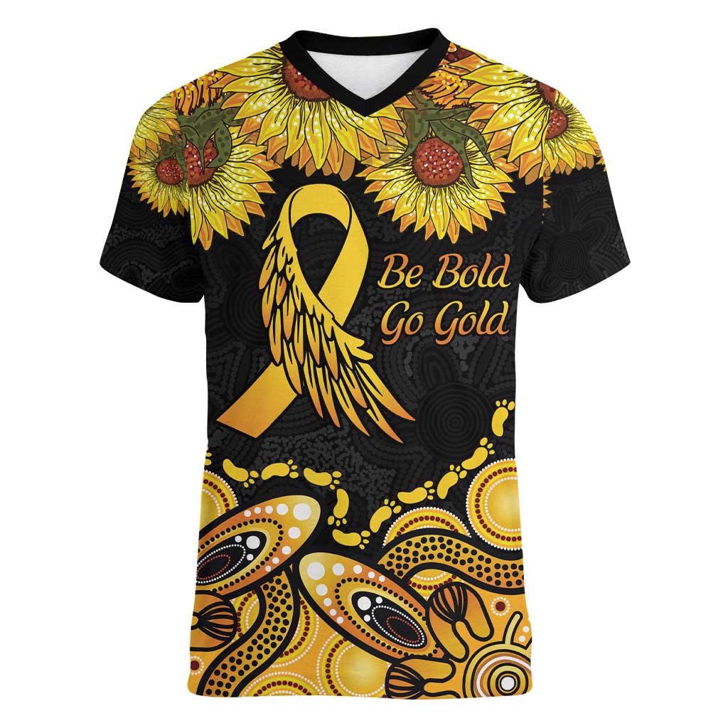 Be Bold Go Gold Aboriginal Ribbon Childhood Personalised Women V-Neck T-Shirt