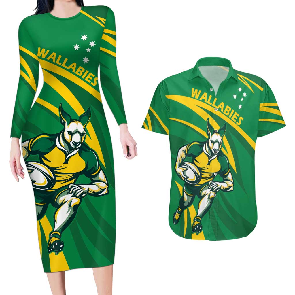 Personalized Australia Rugby Champion Couples Matching Long Sleeve Bodycon Dress and Hawaiian Shirt Wallabies Mascot with Sporty Style