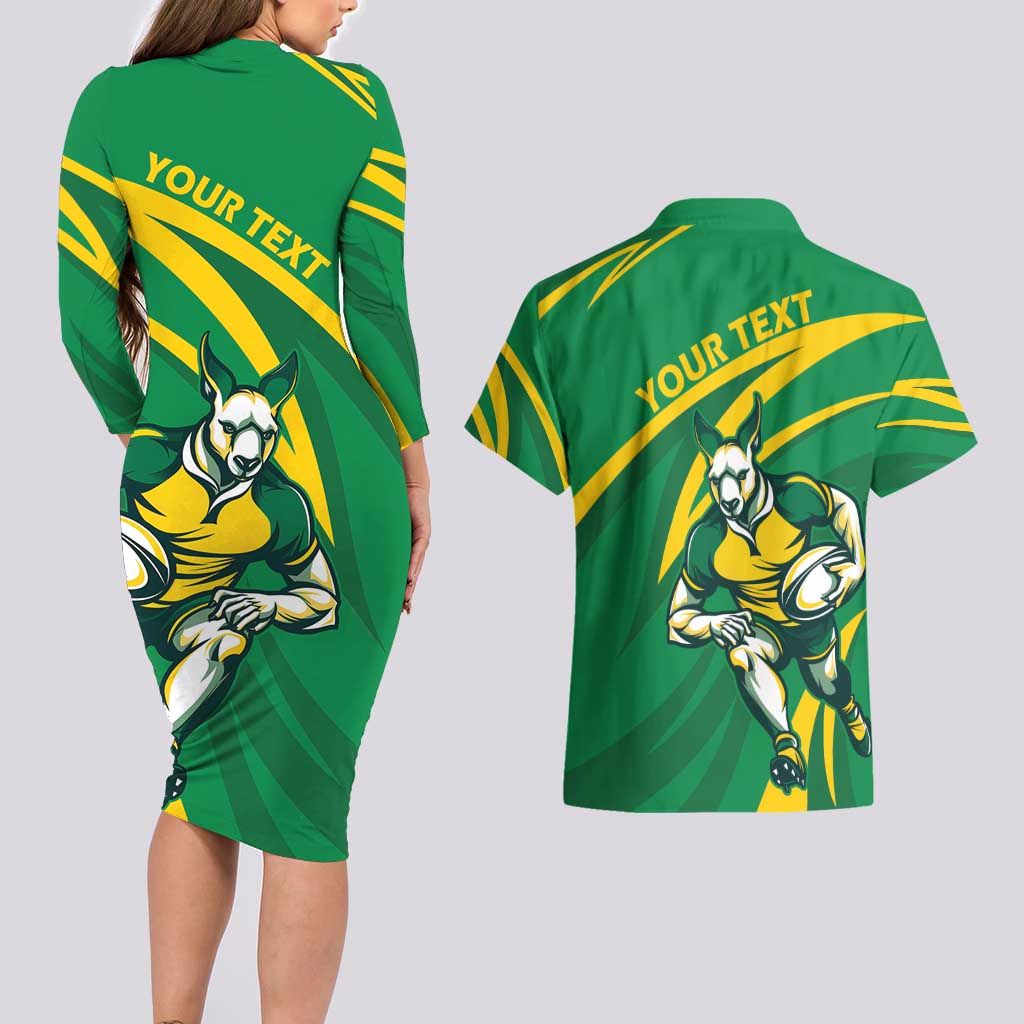 Personalized Australia Rugby Champion Couples Matching Long Sleeve Bodycon Dress and Hawaiian Shirt Wallabies Mascot with Sporty Style
