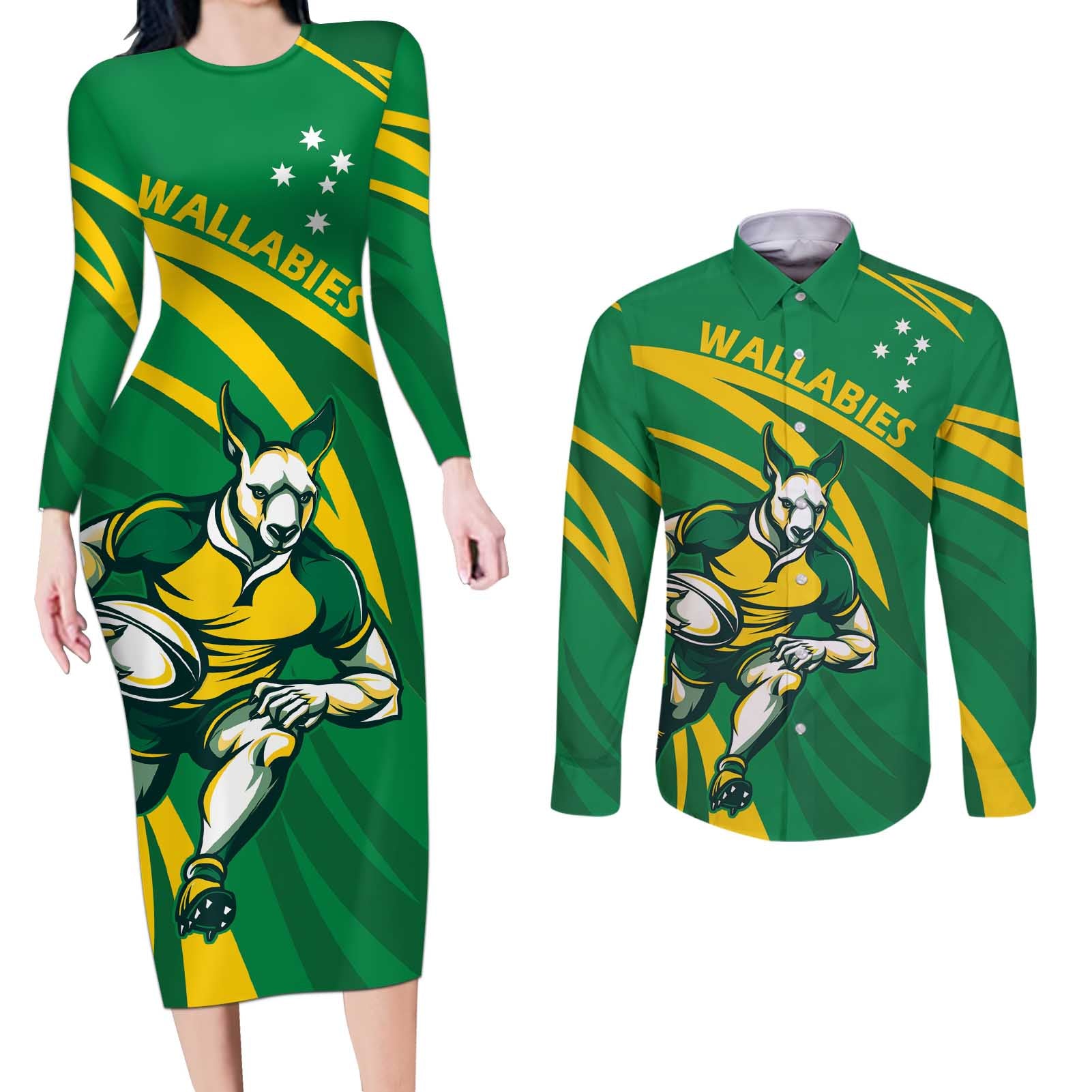 Personalized Australia Rugby Champion Couples Matching Long Sleeve Bodycon Dress and Long Sleeve Button Shirt Wallabies Mascot with Sporty Style