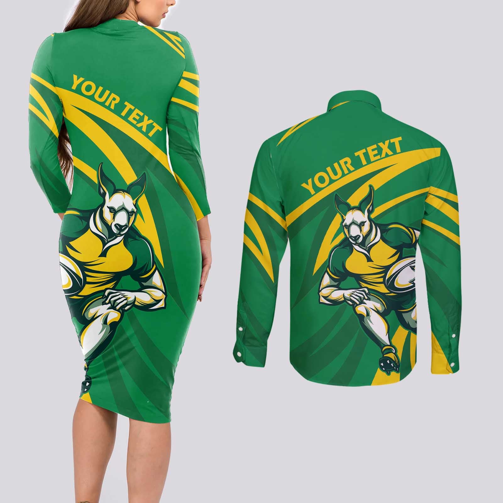 Personalized Australia Rugby Champion Couples Matching Long Sleeve Bodycon Dress and Long Sleeve Button Shirt Wallabies Mascot with Sporty Style