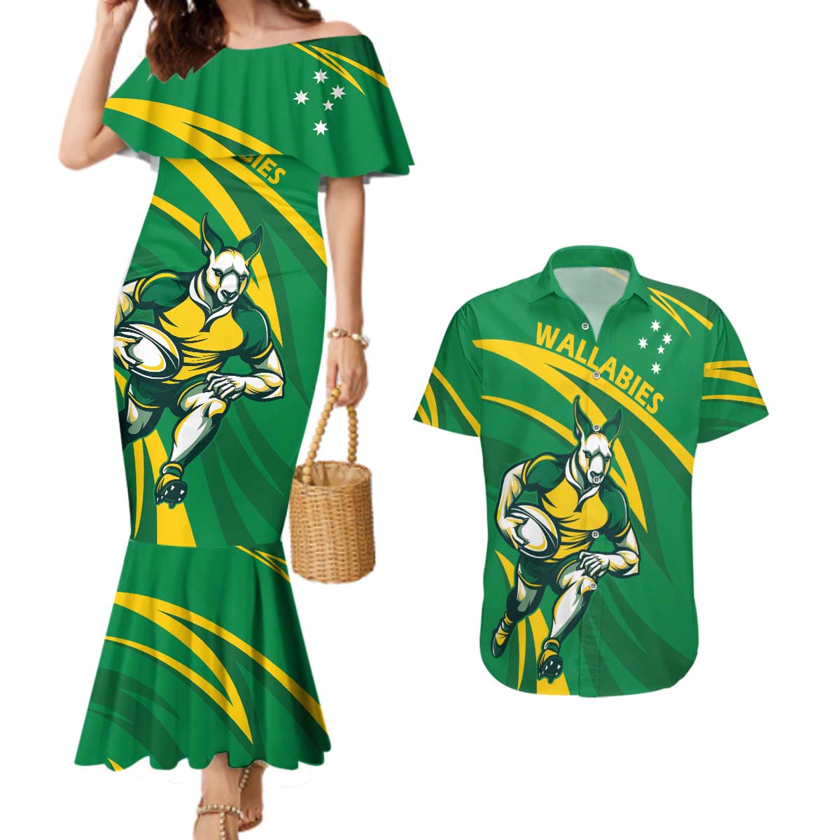 Personalized Australia Rugby Champion Couples Matching Mermaid Dress and Hawaiian Shirt Wallabies Mascot with Sporty Style