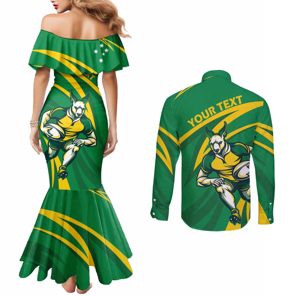Personalized Australia Rugby Champion Couples Matching Mermaid Dress and Long Sleeve Button Shirt Wallabies Mascot with Sporty Style