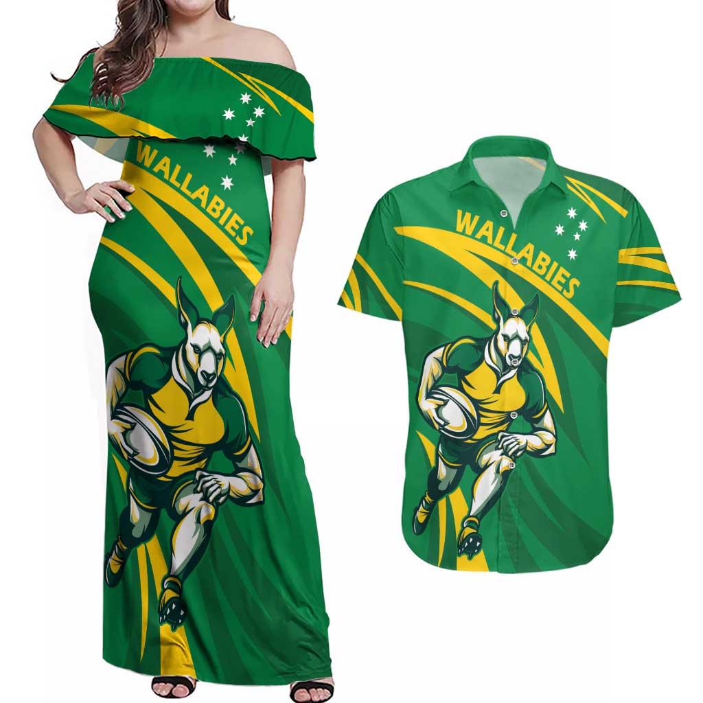 Personalized Australia Rugby Champion Couples Matching Off Shoulder Maxi Dress and Hawaiian Shirt Wallabies Mascot with Sporty Style