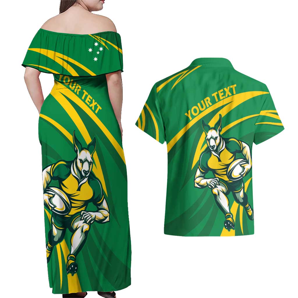 Personalized Australia Rugby Champion Couples Matching Off Shoulder Maxi Dress and Hawaiian Shirt Wallabies Mascot with Sporty Style