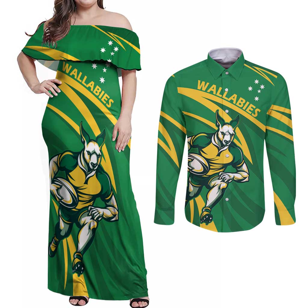 Personalized Australia Rugby Champion Couples Matching Off Shoulder Maxi Dress and Long Sleeve Button Shirt Wallabies Mascot with Sporty Style