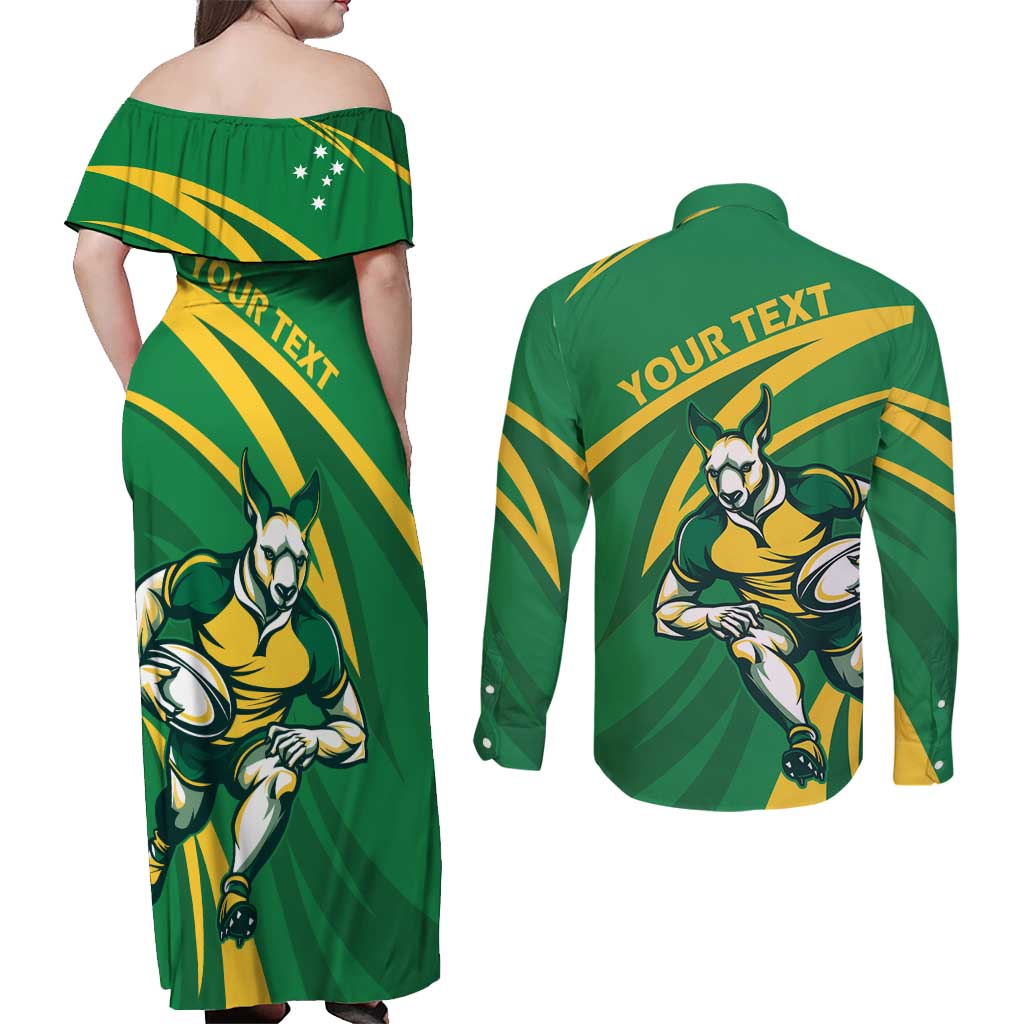 Personalized Australia Rugby Champion Couples Matching Off Shoulder Maxi Dress and Long Sleeve Button Shirt Wallabies Mascot with Sporty Style