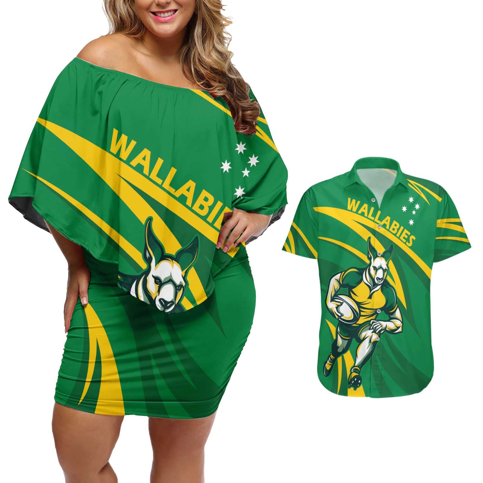 Personalized Australia Rugby Champion Couples Matching Off Shoulder Short Dress and Hawaiian Shirt Wallabies Mascot with Sporty Style