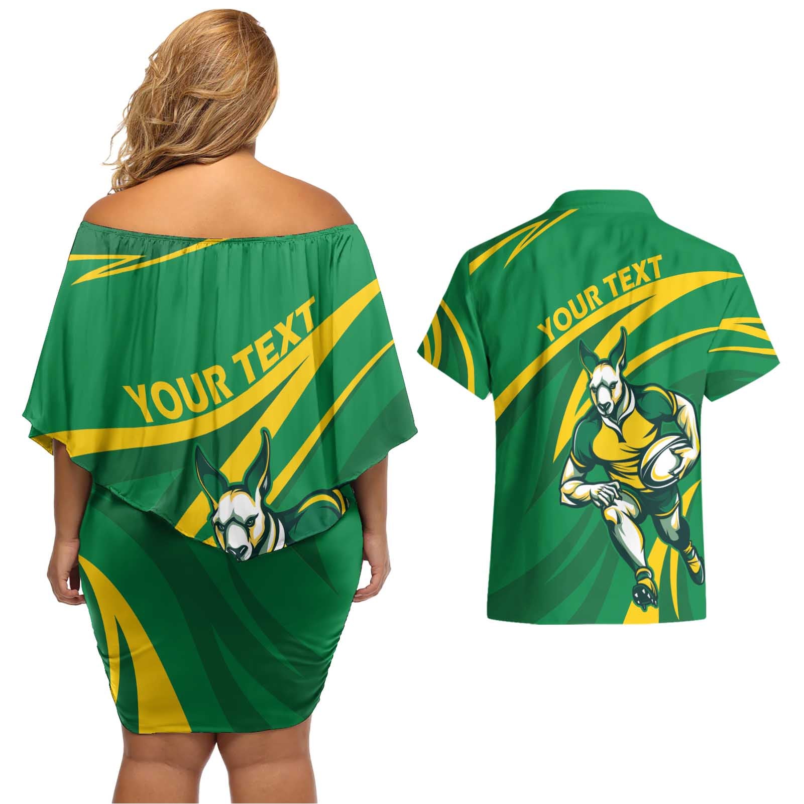 Personalized Australia Rugby Champion Couples Matching Off Shoulder Short Dress and Hawaiian Shirt Wallabies Mascot with Sporty Style