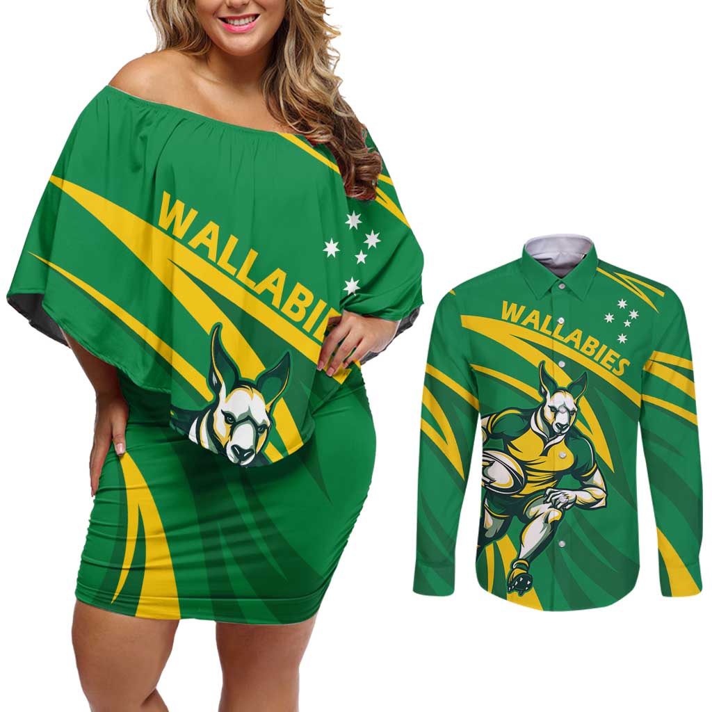 Personalized Australia Rugby Champion Couples Matching Off Shoulder Short Dress and Long Sleeve Button Shirt Wallabies Mascot with Sporty Style