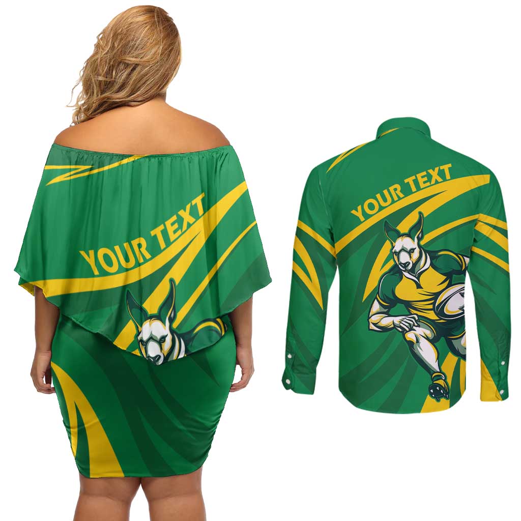 Personalized Australia Rugby Champion Couples Matching Off Shoulder Short Dress and Long Sleeve Button Shirt Wallabies Mascot with Sporty Style