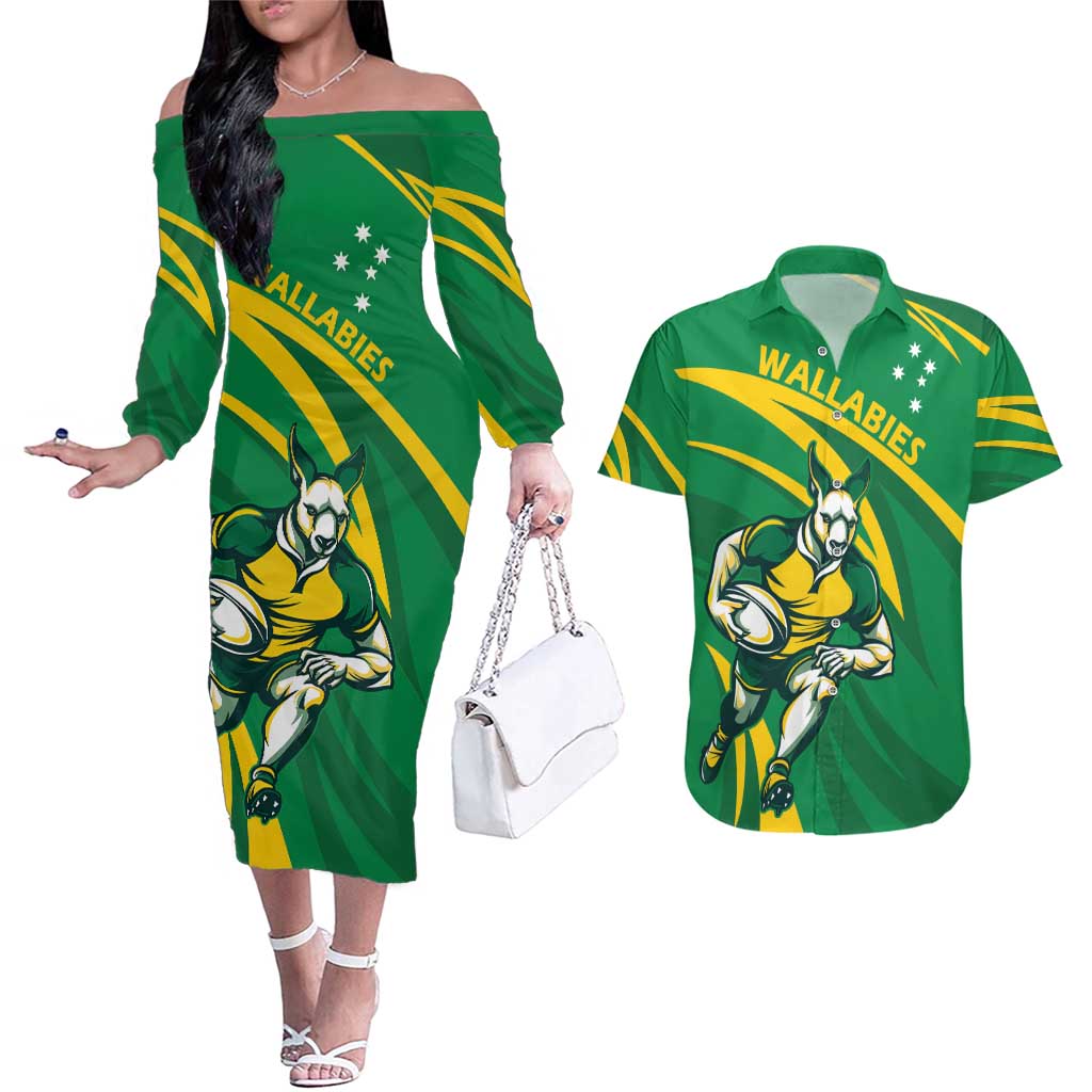 Personalized Australia Rugby Champion Couples Matching Off The Shoulder Long Sleeve Dress and Hawaiian Shirt Wallabies Mascot with Sporty Style